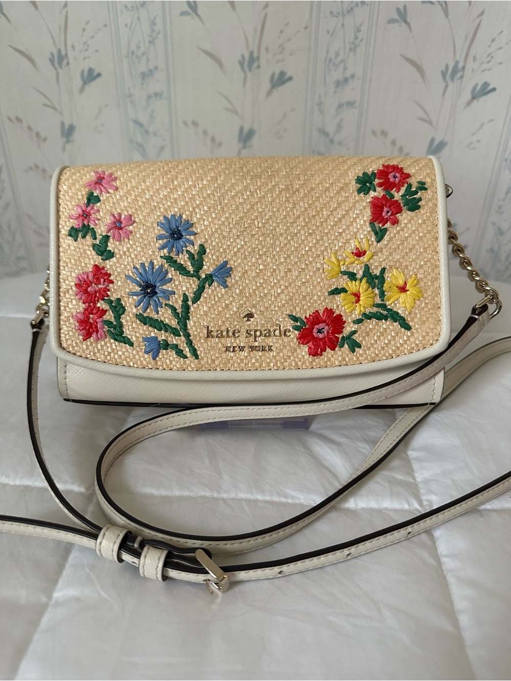 Kate Spade Cream Straw Floral Embroidered Crossbody